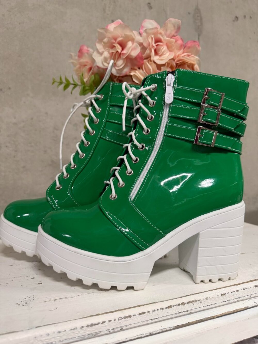 Green Platform Chunky Heel Patent Leather Buckle Ankle High Boots - Size 9